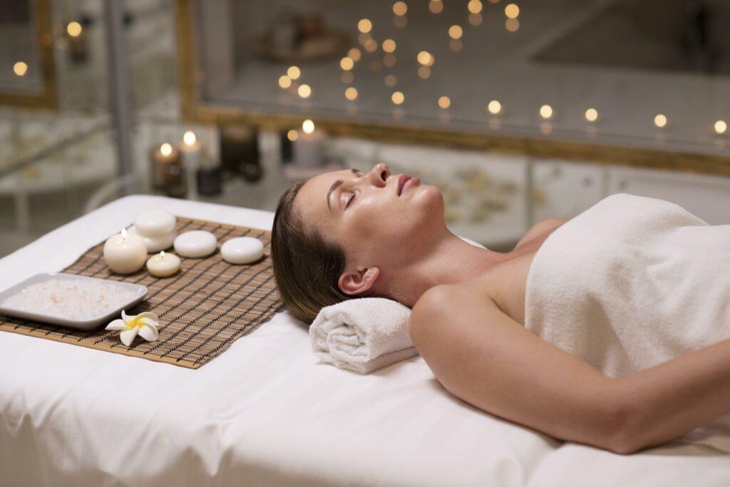 A serene scene of a Women enjoy massage treatment at home
